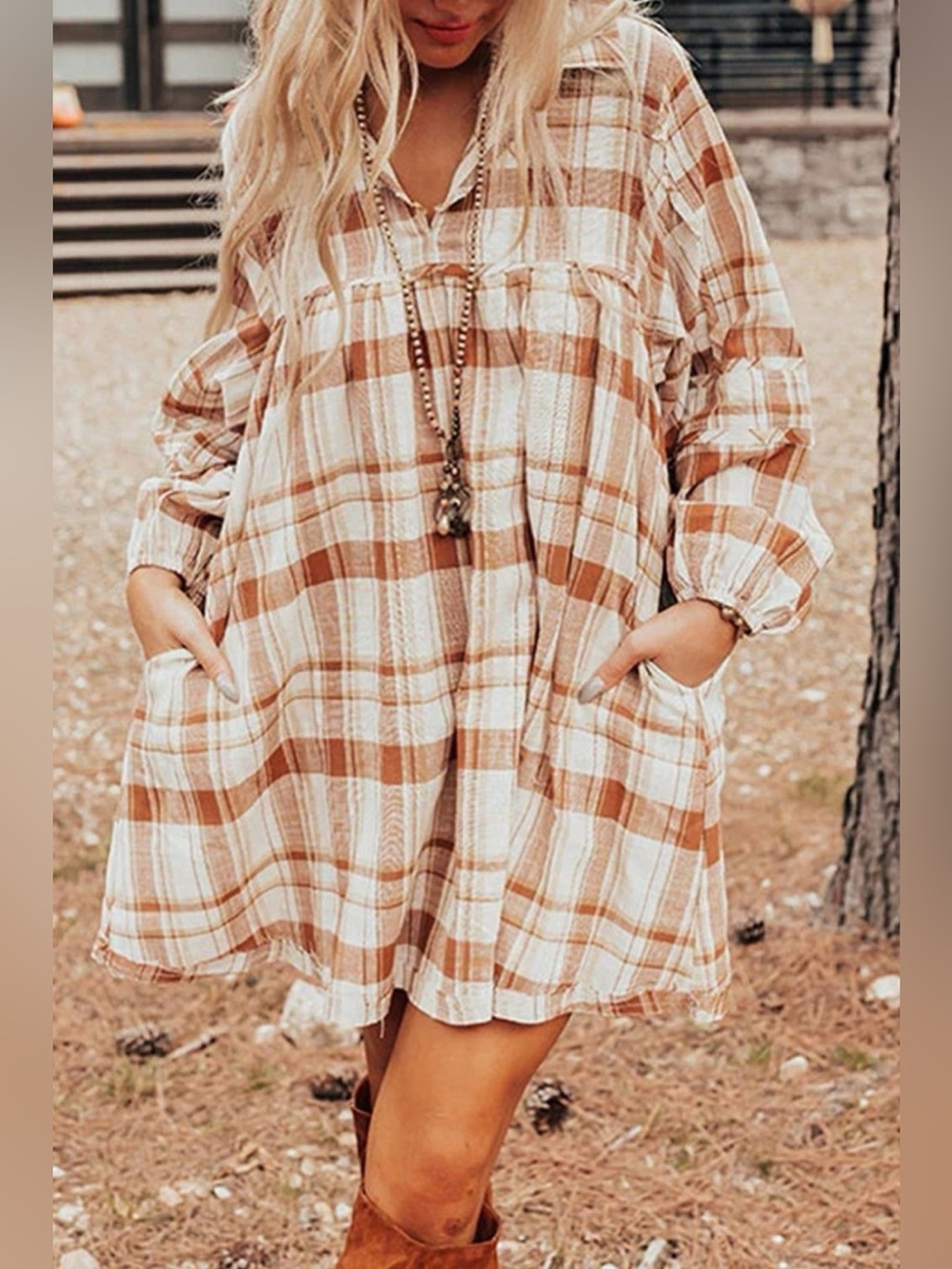 Plaid Collared Neck Long Sleeve Mini Shirt Dress